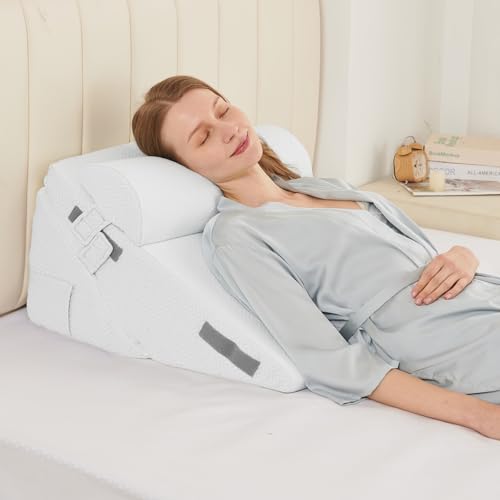 Image of Sasttie Wedge Pillow Set for After Surgery, 2PCS Adjustable Bed Wedge Pillow Headboard with Memory Foam Neck Cushion - for Acid Reflux, Sleeping, Neck & Back Support, White