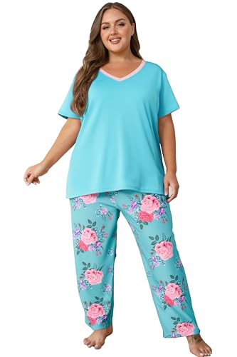Image of Vozanet Women's Pajama Sets Short Sleeve with Long Pant Soft Sleepwear Printed pj Loungewear With TWO Pockets Size 1X to 5X