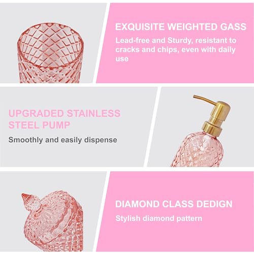 Crystal Glass Bathroom Accessories Set, 6 Pcs Light Pink Lotion Dispenser Set, Soap Dish, Toothbrush Holder, Tumbler, Cotton Swab Jars, Vintage Bathroom Decor and Crystal Glass Gift Set - Image 8
