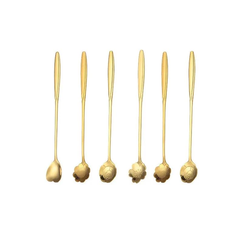 Juego de 6 cucharas de café de acero inoxidable con diseño de cerezo y rosa y flores doradas, regalos de cocina, postre, té, accesorios de decoración de vajilla, 6 piezas doradas