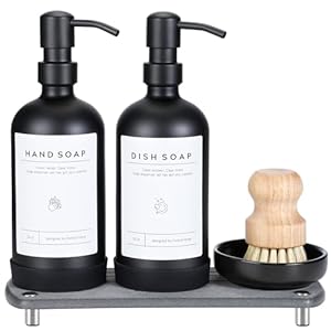 [Luxury] Kitchen Soap Dispenser Set – 16OZ Black Glass Bottle, Stainless Steel Pump, Instant Dry Tray, Waterproof Labels, Non-Slip Silicone Pad, and Dish Brush | Upgrade for Your Kitchen and Bathroom