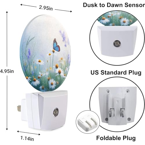 Image of Floral Night Light Lamp Herbs and Wild Flowers Butterfly Daisy Chamomile Blossom LED Nightlights with Dusk-to-Dawn Sensor, Gifts for Girls Women Birthday Mother's Day