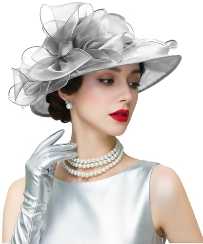 ORIDOOR Womens Organza Cloche Bowler Hat Derby Fascinator for Tea Party Bridal Wedding Hat 011C1-Gray