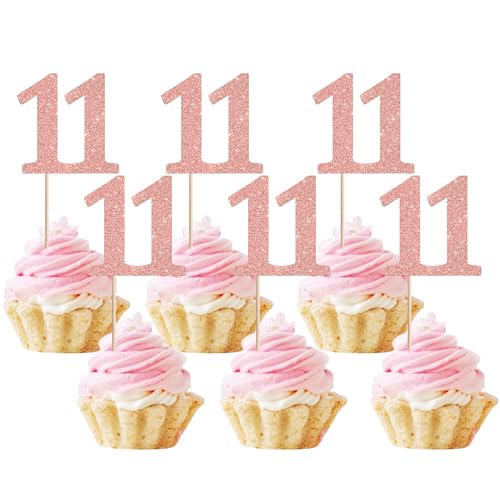 Xsstarmi Lot de 36 décorations de cupcakes en forme de chiffre 11 à paillettes pour anniversaire de 11 ans, anniversaire de mariage, fête de mariage, or rose