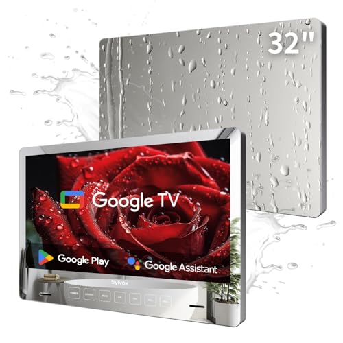 Image of SYLVOX 32 inch Bathroom TV, 1080P Mirror Television with Google OS NTSC & ATSC Tuner WiFi Bluetooth Voice Remote, IP66 Waterproof Magic TV for Bathroom Bathtub Hotel Shower Spa (Wall Mount)