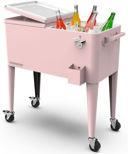Permasteel 80-Qt Classic Outdoor Patio Cooler for Outside | Beverage Cooler Bar Cart, Rolling Cooler with Wheels & Handles, Retro Design, Pink