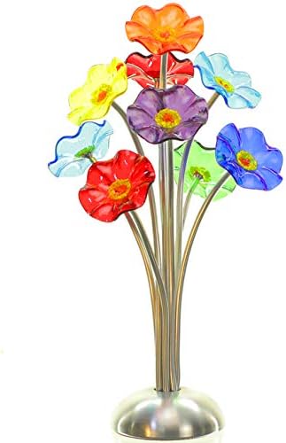 Birsppy Handmade Glass Flower Bouquet for Delivery | Art Glass Rose-Like Flowers | Hand Made by Artists Scott & Shawn Johnson (Silver, 9 Flower)