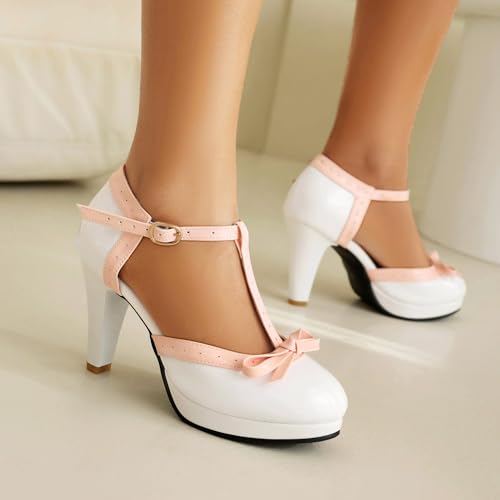 Image of ForeMode Fashion Women T-Strap High Heels Bow Platform Round Toe Pumps Leather Summer Sweet Shoes