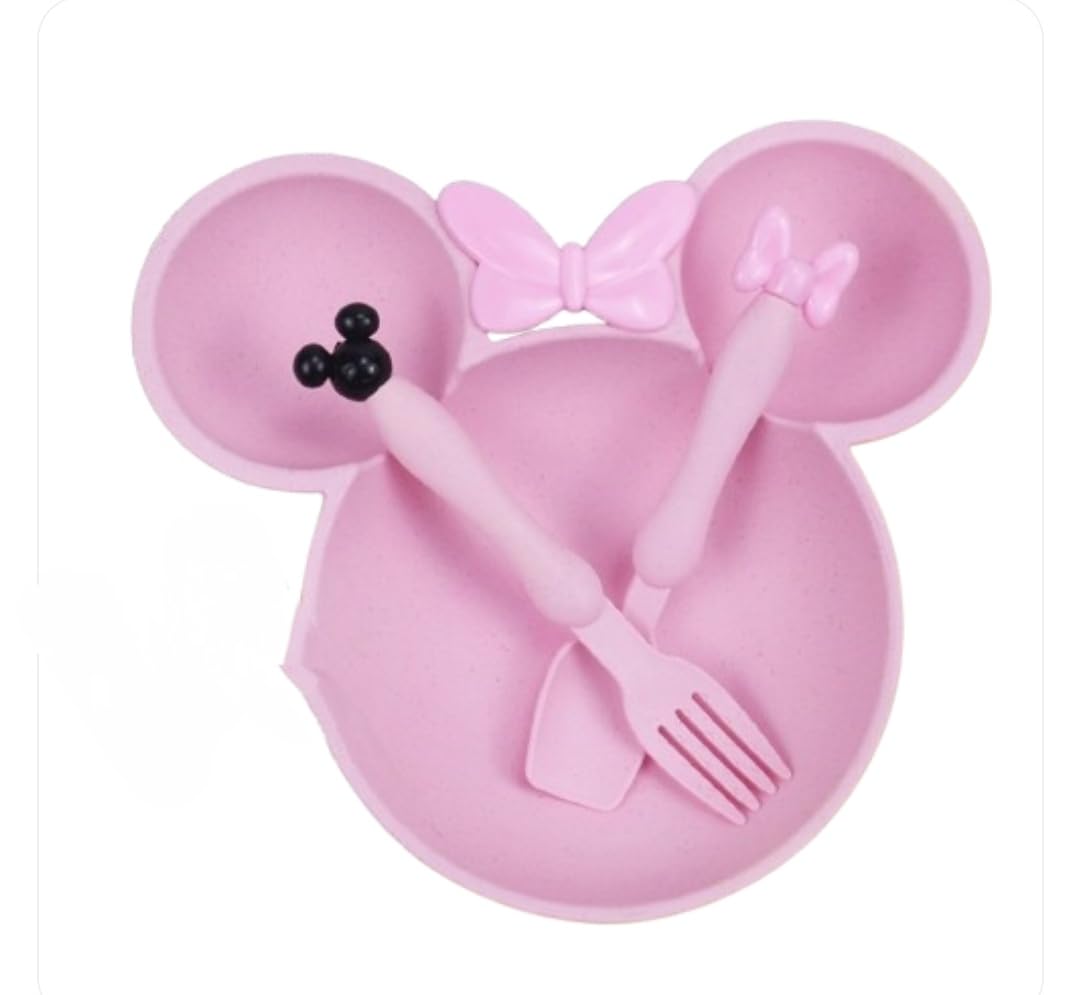 Cute Cartoon Theme Eco-Friendly Wheat Straw Natural Bamboo Fibre Dinner Set for Kids, Toddlers & Babies 1 Plate, 1 Spoon and 1 Fork | Mickie Plate Set (Pink)-image-10
