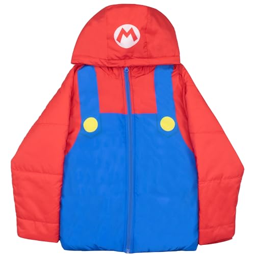 Nintendo Winter Jacket for Boys Super Mario Graphic Print Boys Puffer Winter Coat for Big and Little Kids (Red and Blue Size 14/16)