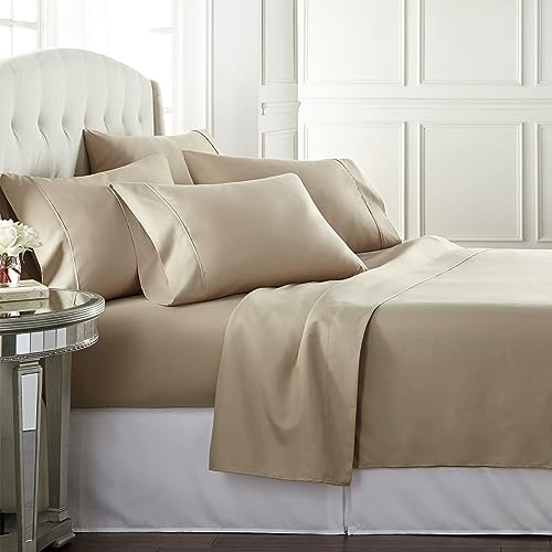 Danjor Linens Bed Sheet Set Cal King for Hot Sleepers, Hotel Premium Sheets with 4 Pillowcases, Lightweight Brushed Microfiber Deep Pockets, Breathable Cooling 6 Piece Bedding Sets, Taupe