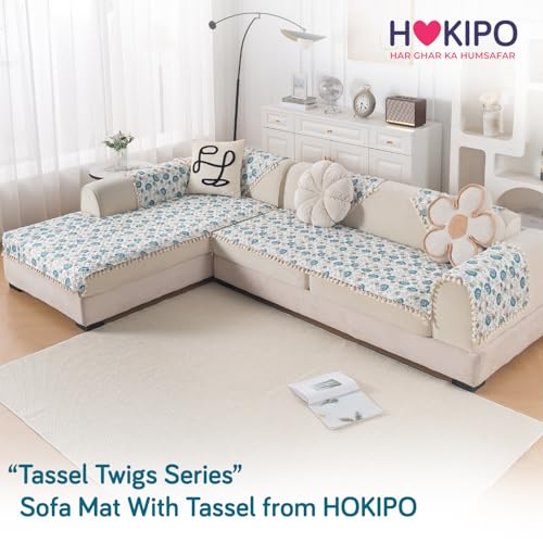 Image of HOKIPO Cerulean Bloom L Shape (3+2 Seater) Sofa Seat Mat with Tassel| Quilted Sofa Cover Mat, 'Tassel Twigs' Series (IN-984-T6 + IN-986-T6)