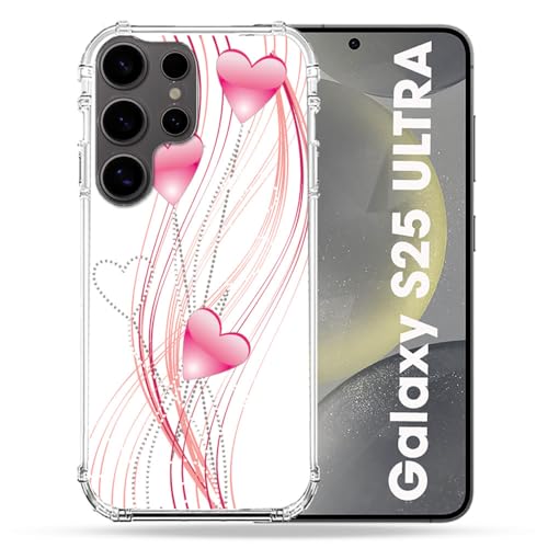 Coque Samsung S25 Ultra renforcée antichoc avec motif cœur rose sur fond blanc