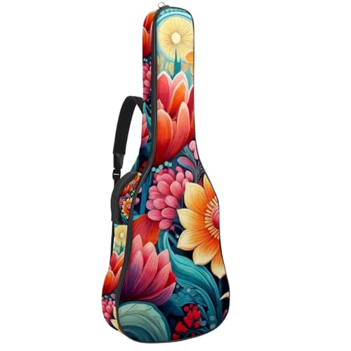 Housse pour guitare acoustique et électrique 105 cm motif fleurs rouges avec bandoulière