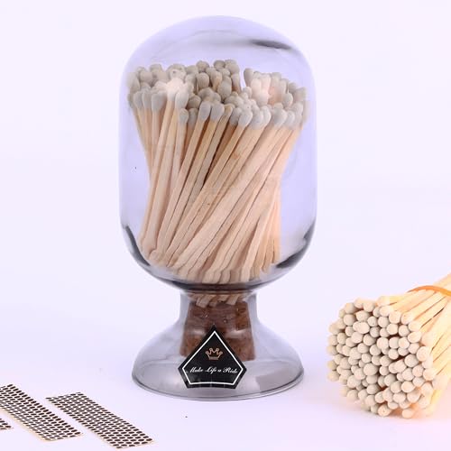 White Matches Included (100 Pcs), Glass Match Cloche with Striker, Glass Match Holder with Striker, Match Bottle with Candles Matches for Fireplace, 3'' Long Safety Matches for Candles, BBQ, Grill