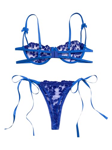 Image of Lilosy Sexy Tie Side Cute Underwire Push Up Strappy Embroidered Mesh Sheer Lingerie Set