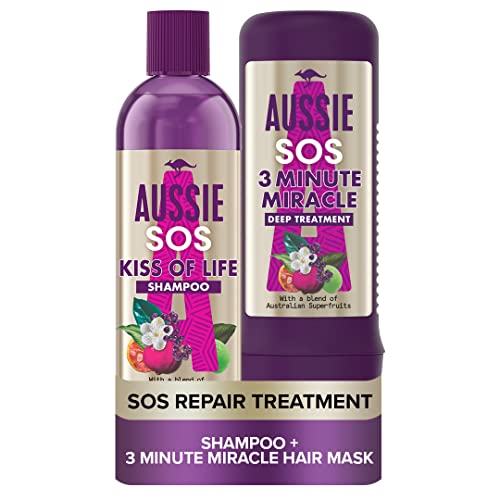 Aussie SOS Shampoo And Deep Treatment Hair Mask Set for Dry Damaged Hair, Kiss of Life Hair Repair Hair Care Set With Australian Superfoods, Shampoo (290 ml) + 3 Minute Miracle Hair Mask (225 ml)