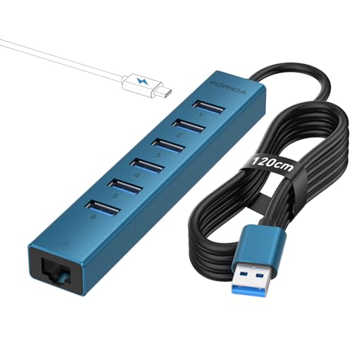 USB Ethernet Adapter Mit USB 3.0 Hub Zu RJ45 Gigabit LAN Kabelnetzwerk, 1 Ethernet, 7 USBA 3.0 Ports, und 15W Stromanschluss,Netzwerkadapter Für Windows XP, Mac OS & Weitere Laptops (Blau)
