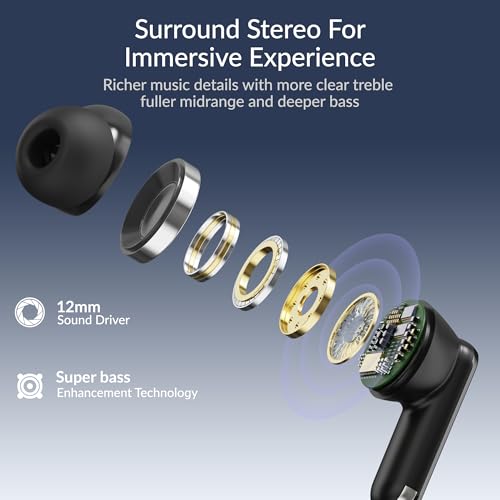 Image of AROMA TWS8 Harmony V5.4 True Wireless Earbuds, Chrome Black | up to 60H Playtime, ENC, Fast Charging, Heavy Bass, Bluetooth