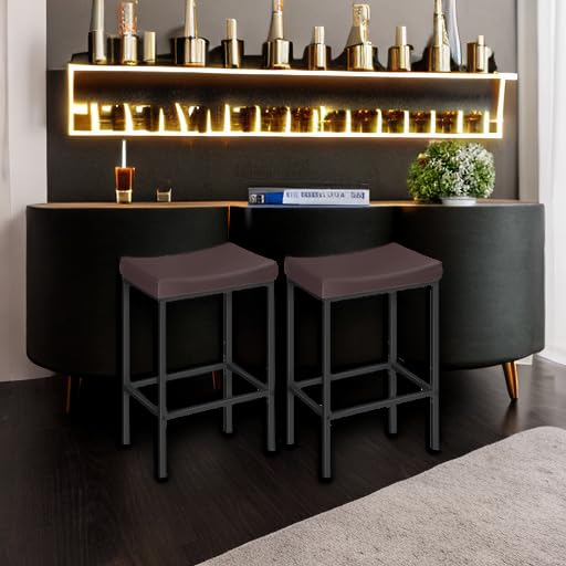 Image of HOOBRO Bar Chairs, Set of 2 Counter Height Saddle Stools with Curved Surface, 24.8 Inches, 2.4 inch Thick Upholstery, for Kitchen and Dining Room, Brown and Black BC10BY01