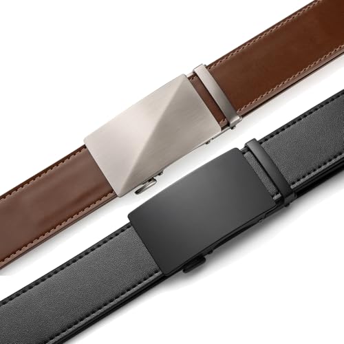 Image of Founders & C Mens Belt 2 Pack,Leather Ratchet Click Belt Dress with Slide Buckle 1 3 /8 inch in Gift Set Box- Size Adjustable
