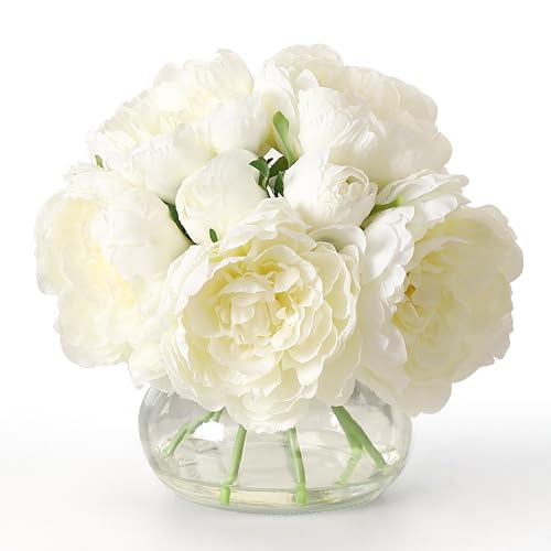 homfan White Peonies Artificial Flowers in Vase...