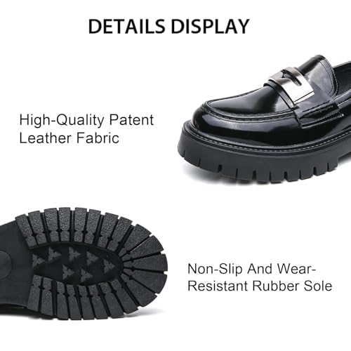 Men's Patent Leather Platform Chunky Slip-On Loafers Fashion Round Toe Slip-On Business Dress Work Shoes with Non-Slip Lug Sole for Work and Daily Casual Wear2