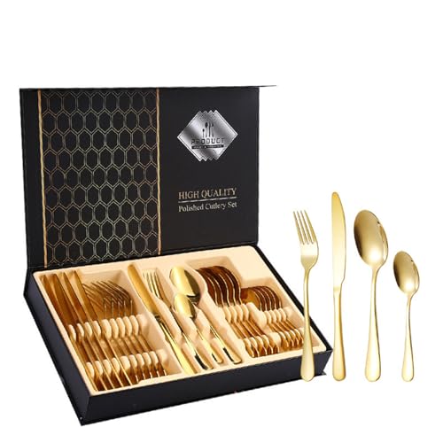 Pasdrucn Juego de cubiertos de acero inoxidable para 6 personas, con caja de regalo, juego de cubiertos de acero inoxidable, incluye cuchillo, tenedor, cuchara y cuchara de café, juego de cubertería