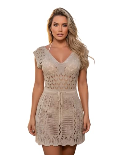 Saida de Praia Crochê Vestido Curta Tricot Rendado Cinturada Manga Curta Elegante Saida de Banho Piscina Canga Verão (Areia)