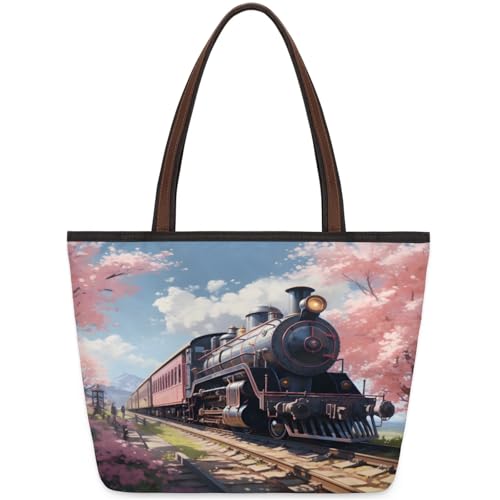Floral Vintage Train Scenery Tote Bag Multi Pocket Zippered Beach Bag Lightweight Waterproof Handbag for Women Men Work Gym Travel Swimming Yoga Grocery Shopping L