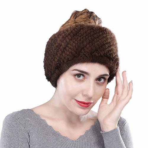 XUYUZUAU Circle Scarf Genuine Mink Hair Headband Women High Elasticity Knit Headwrap Neck Warmer (Coffee)