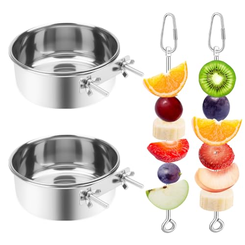 VOXGET 2 Pcs Bird Feeder Bowls with 2 Pcs Food Holder for Cage Parrot Food Water Bowls and Fruit Skewer Foraging Toy Stainless Steel Bird Feeding Dish Cups for Small Animals (Silvery 4 Pcs)