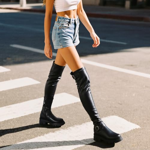 Image of CouieCuies Black Thigh High Boots For Women Platform Over The Knee High Boots Lug Sole Comfortable Stretch Boots 6-11