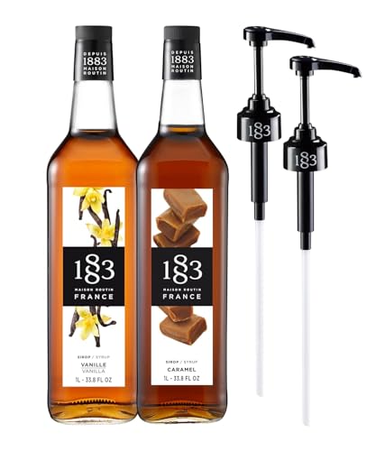 Image of 1883 Vanilla & Caramel Syrups with Pumps (Cafe Variety Pack) for Coffee & Drinks - 1 Liter Glass Bottles (Pack of 2)