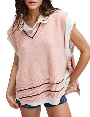 Image of Women's V Neck Sweater Vest Loose Knit Sleeveless Poncho Side Binding Fringe Pullover Tank Tops