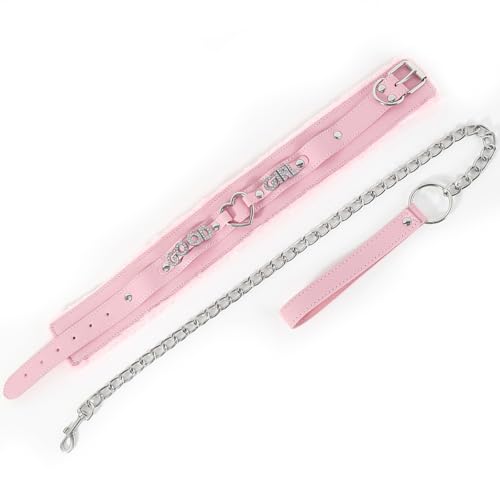 Succuba Handmade Fluffy Heart Rhinestone Heart Ring Pu Leather Choker Collar For Women, Handmade Punk Gothic Letter Necklace Adjustable Fashion Jewerly2