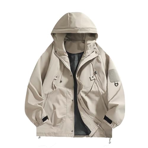 DUHENWU Chaqueta de senderismo para hombre, de verano, ligera, con capucha, de secado rápido, transpirable, impermeable, con cremallera, chaqueta softshell para exterior y ocio, O Khaki, XL