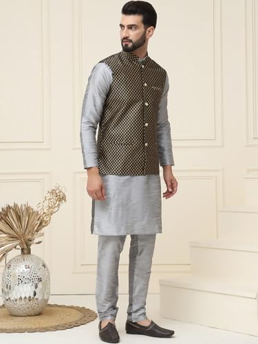 Sojanya (Since 1958 Men's Silk Blend Grey Kurta Pyjama & Black Self Design Nehru Jacket Combo