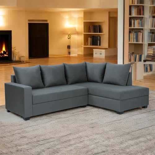 Image of FURNY Gloria 4 Seater Fabric RHS L Shape Sofa Set (Dark Grey) Premium Velvet Finish | Durable Comfort | Ideal for Living Room