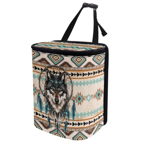 Image of Talayituse Aztec Tribe Wolf Pattern Car Trash Can with Lid, Leak Proof Auto Trash Bag Hanging Vehicle Garbage Can Multipurpose Storage Container for Back Seat Road Trip