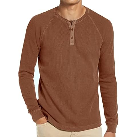 Men's Long Sleeve Top Henley Waffle T-Shirt Cotton Button Shirt Crew Neck Round Neck Casual Slim Fit Basic Tee Khaki XXL Cover