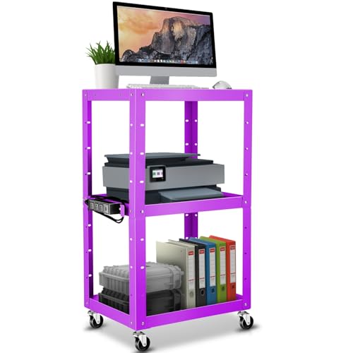 Auto Dynasty Height Adjustable AV Presentation Cart with Power Strip Rolling Storage AV Carts for Video Projector TV Printers Laptop Computers 4 Wheels 4 Cord 3 Outlets 2 USB Ports (Purple)