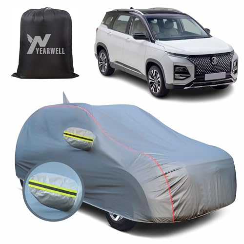 Image of Car Body Cover for Mg Hector, 100% Waterproof, Heat-Resistant with Mirror & Antenna Pockets, Soft Cotton Lining, Triple Stitched, Green Reflector (Metallic Grey)