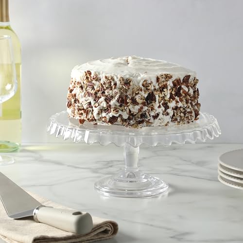 Image of Martha Stewart Watercrest Glass Cake Stand, 10.2 Inch Footed Pedestal Cake Plate with Scalloped Ruffled Edge, Clear Handmade Glassware for Weddings, Parties, and Dessert Display