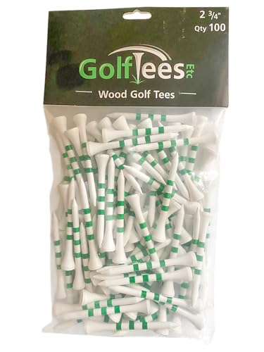 Striped Wood Golf Tees 2 3/4' - Standard Wooden Golf Tees For Men And Women With Height Indicators, Golf Accessories - 100 Pack (White/Green Stripes)