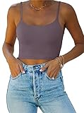 REORIA Women's Summer Sexy Sleeveless Adjustable Spaghetti Strap Cami Camisole Basic Fitted Seamless Yoga Cropped Tank Cute Crop Tops Grey Purple Medium