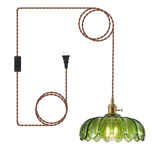 GZJunYo Plug in Pendant Light, Vintage Hanging Lamp with Plug in Cord, On/Off Switch, Green Glass Plug in Hanging Pendant Lights for Bedroom, Dining Room, Living Room, Kitchen Island