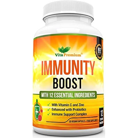 Vitamin C and Zinc Immune Support Complex with Turmeric Curcumin, Ginger, Vitamin B12, Probiotics, Iron, Garlic, Cranberry, Selenium, Rosehip - 30 Easy to Swallow Capsules Cover