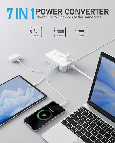 Image of 220V to 110V Voltage Converter US to Europe, 2000W Voltage Converter for European Travel with 3 AC 2 USB-C 2 USB-A Ports, and Universal European Travel Adapter (Gray)