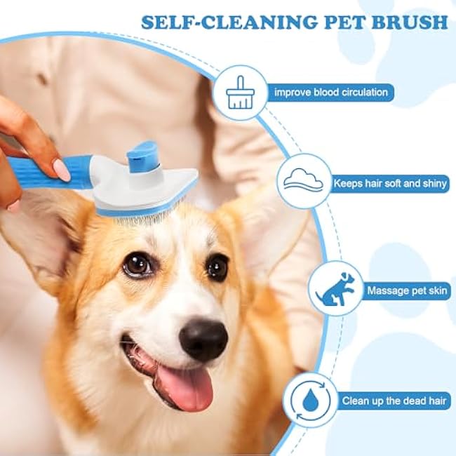 Blue Slicker Brush for Dogs & Cats - Self Cleaning, Removes Loose Undercoat, Gently Grooming Tool with Release Button-hhwHAJQR